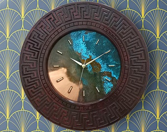 Large Patina Copper Wall Clock: Brown Oak Engraved Frame, Art Deco