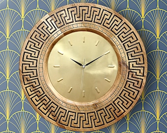 Large Oak & Brass Art Deco Wall Clock: Boho Wooden Carved Frame