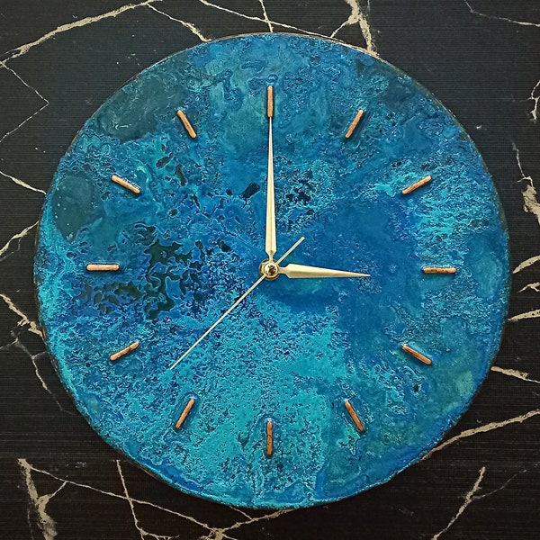 Reloj de pared de cobre rústico con pátina azul, relojes de pared únicos para granja, reloj de metal para decoración de pared