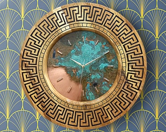 Große Patina-Wanduhr aus altem Kupfer, leise, übergroße Bauernhaus-Wanduhr aus Holz, moderne Art-Deco-Wanduhr