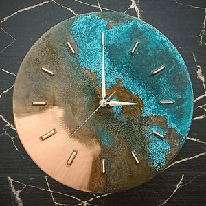 Farmhouse Blue Turquoise Rusty Patina Copper Wall Clock, Industrial Metal Wall Art Wall, Industrial Silent Unique Wall Clock, Wall Decor