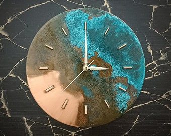 Farmhouse Blue Turquoise Rusty Patina Copper Wall Clock, Industrial Metal Wall Art Wall, Industrial Silent Unique Wall Clock, Wall Decor