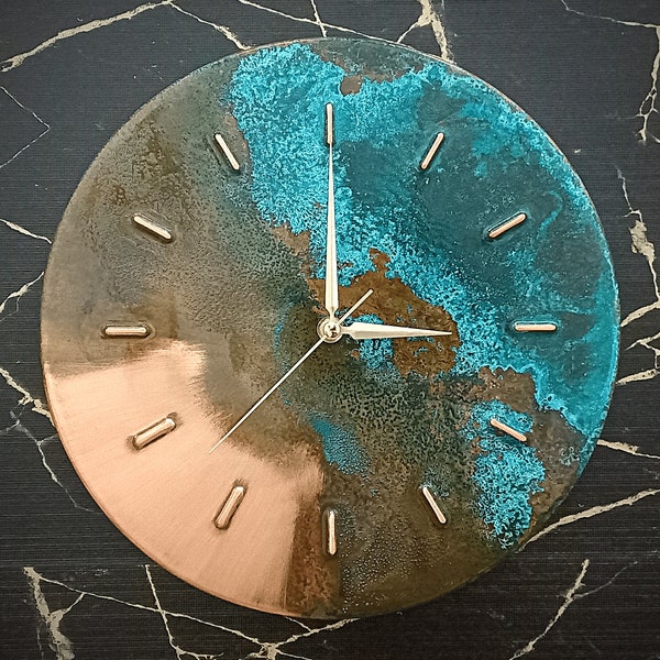 Horloge murale de ferme, horloge murale en cuivre de patine rouillée bleue, décor de mur, art de mur en métal, horloge murale industrielle