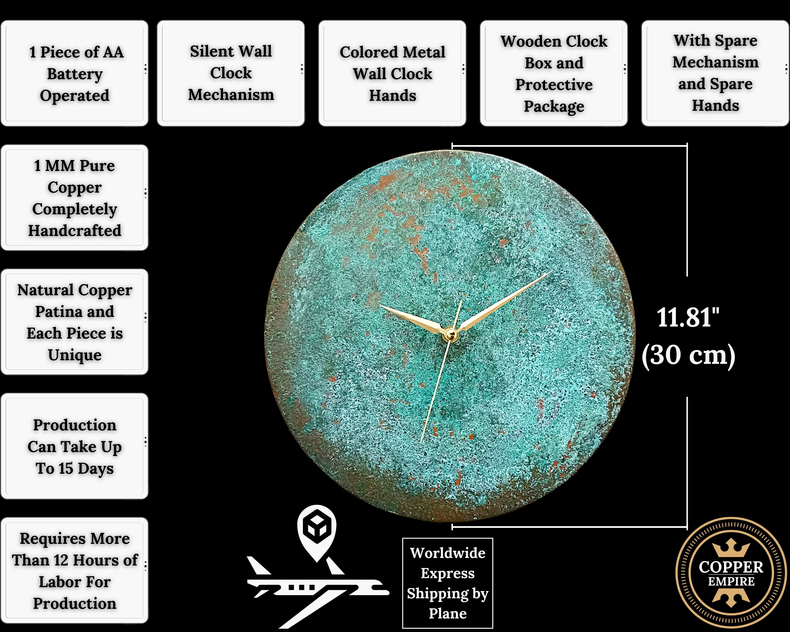 Turquoise Patina Copper Industrial Wall Clock, Minimalist Rustic Silent