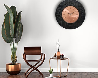 Oversized Minimalist Modern Copper Wall Clock with Large Black Oak Wooden Wall Clock Frame, Copper Wall Decor, Metal Wall Clock