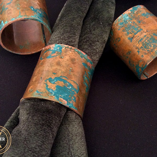 Handmade Patina Copper Napkin Rings Set of 4-144, Oxidized Rustic Copper Napkin Ring Set for Unique Table Decor for Wedding and Party