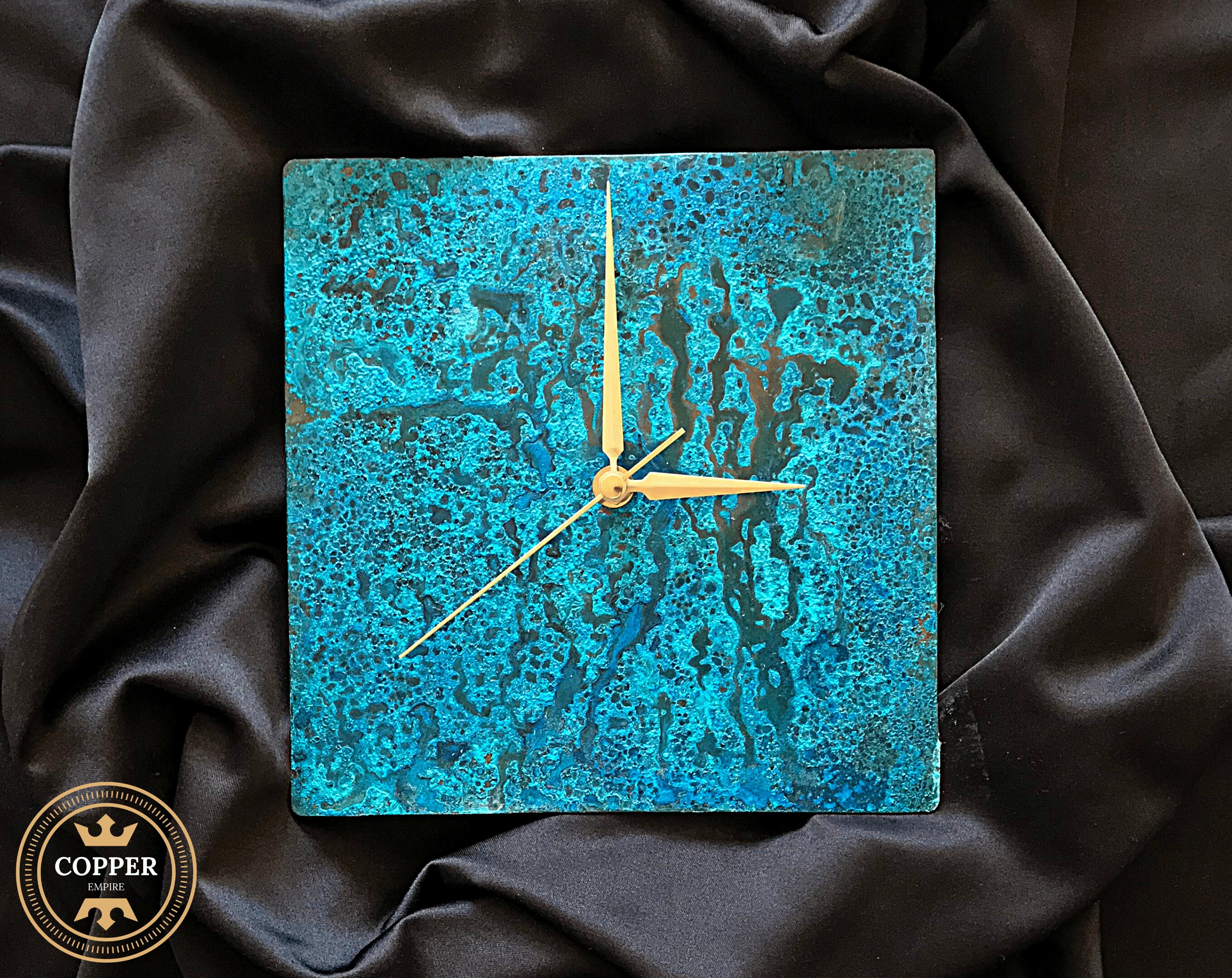 Blue Square Copper Wall Clock Minimalist, Large&Rustic Metal Wall Clock
