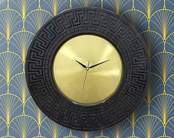 Large Black Wooden Wall Clock, Brass Wall Clock With Oak Wooden Carved Frame, Large Wall Art, Retro Wall Clock