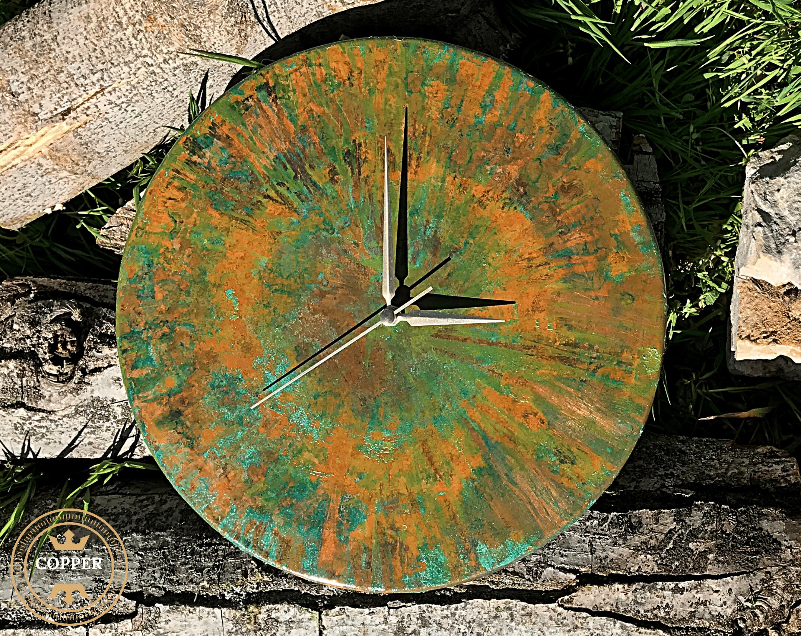 Patina Copper Wall Clock Farmhouse, Unique Large Natural Colored Copper