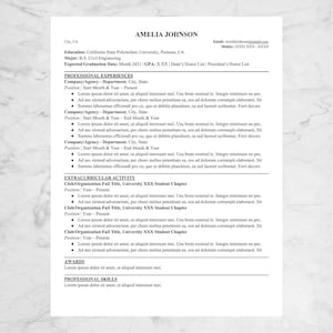 May include: A black and white resume with the name Amelia Johnson at the top. The resume lists her education, professional experiences, extracurricular activities, awards, and professional skills.
