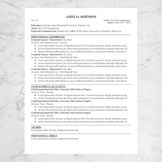 Professional College Resume Template and Cover Page Template (For Entry Level/Internship Positions)