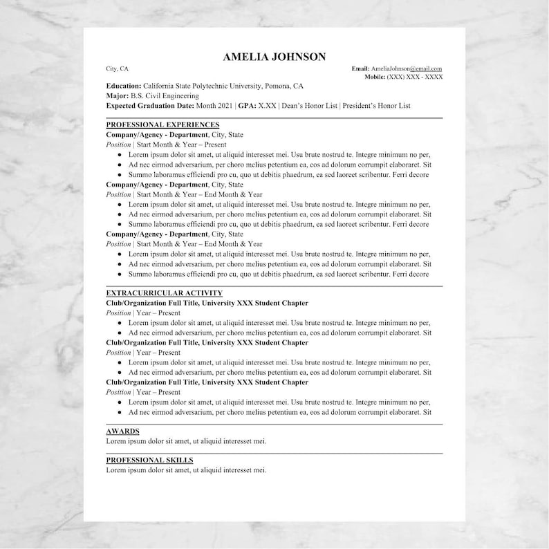 May include: A black and white resume with the name Amelia Johnson at the top. The resume lists her education, professional experiences, extracurricular activities, awards, and professional skills.