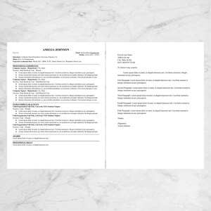 May include: A black and white resume with the name Amelia Johnson at the top. The resume lists her education, professional experience, extracurricular activities, awards, and professional skills.