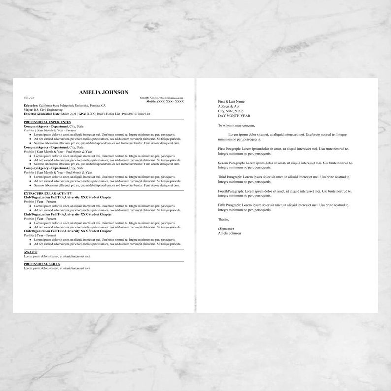 May include: A black and white resume with the name Amelia Johnson at the top. The resume lists her education, professional experience, extracurricular activities, awards, and professional skills.