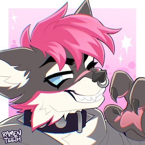 May include: A digital illustration of an anthropomorphic wolf character with dark gray fur and vibrant pink hair. The character wears a black spiked collar and a silver nose ring, displaying a wide grin with visible teeth and a paw raised forward.