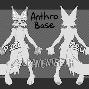 Puede incluir: Una ilustración en blanco y negro de una base de zorro antropomórfico. La base está en posición de pie con los brazos extendidos. El texto "Anthro Base" está escrito encima de la base. El texto "P2U" está escrito en el cuerpo de la base.