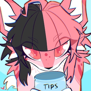 Pode incluir: Ilustração digital de um personagem de desenho animado rosa e preto com olhos grandes e um pote com a etiqueta "TIPS". O personagem tem pelo rosa, cabelo preto e segura um pote azul claro com texto branco.