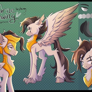 May include: A digital character reference sheet for Grae Ironwing, a hippogriff royal guard. The illustration features three views of the white-furred creature with dark brown hair, gold armor, and wings, alongside a color palette and eye detail.