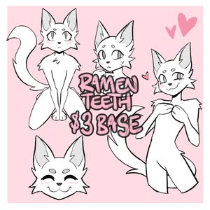 Puede incluir: Una ilustración digital que presenta cuatro poses de un personaje felino blanco con orejas grandes y ojos expresivos. El texto RAMEN TEETH $3 BASE está centrado en rosa. El personaje se muestra sentado, de pie y en primer plano sobre un fondo rosa.