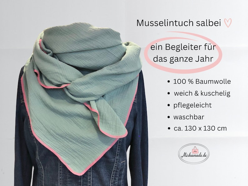 Musselintuch Damen, Halstuch XXL, salbei grün, Dreieckstuch, mit Neon Pink, Musselin Tuch, Baumwolle, Tuch Damen, Schal, Geschenkidee Bild 2