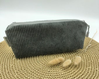 Federmäppchen Cord, grau, mausgrau, Schminktasche klein, Kosmetiktasche, Mäppchen, Federmäppchen, Federtasche, Stiftemäppchen grau, Lehrerin