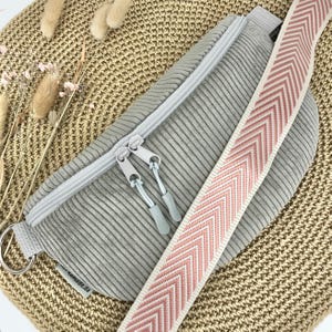Bauchtasche Damen, XL, Cord grau, Crossbag, Hipbag, Gürteltasche für Damen, ohne / mit Taschengurt rosa gemustert, Geschenk für Freundin