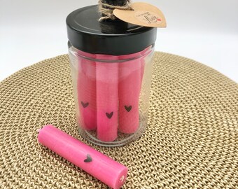 Kerzen im Glas, pink mit Herzen, Stabkerzen, Kerzen, Kerzenständer, Herz, Geschenk für Freundin, Geschenkidee für Mama, mit Liebe