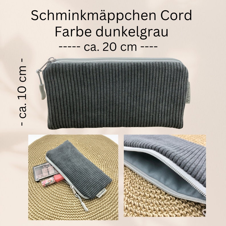 Schminkmäppchen, cord, Federmäppchen, Schminktasche, kleine Kosmetiktasche, Mäppchen, Stiftemäppchen, Geschenkidee dunkelgrau