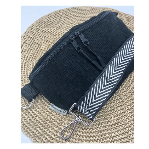 Bauchtasche Damen schwarz, Cord, ohne/ mit Taschengurt Fischgräte
