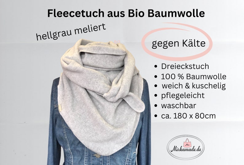 Halstuch Fleece, Bio, XXL, Halstuch Damen, hellgrau, kuscheliger Schal, Fleece Schal organic Baumwolle Bio, Winter,weich warm,Dreieckstuch Bild 1