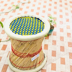 Rattan Wooden Chair for Indoor/Outdoor- Bamboo | Garden Stool | Handicraft Cane Wood Stool  - 1 PC Yellow Blue