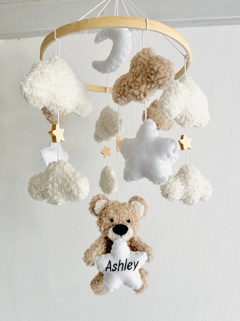 Personalisierte Baby Mobile Teddy Boucle/Teddystoff Ecru/Natur/Weiß Bild 6