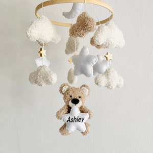 Personalisierte Baby Mobile Teddy Boucle/Teddystoff Ecru/Natur/Weiß Bild 1