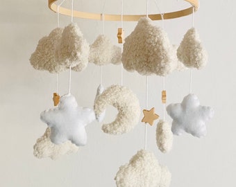 Mobile Bébé Nuages Boucle/Teddy Tissu Ecru/Blanc