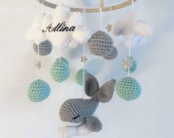 Baby Mobile Baby Whale Mint Grey