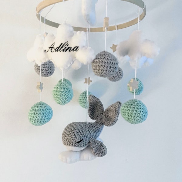 Baby Mobile Baby Whale Mint Grey