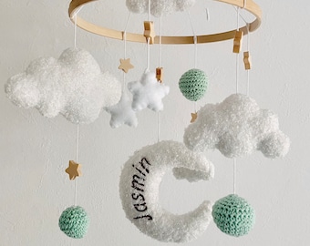 Personalized Boucle Baby Mobile Clouds White/Pastel Mint