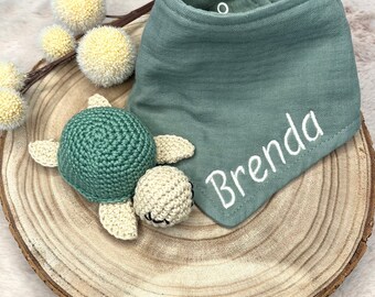 Baby Geschenk Set Bio Musselin Tuch + Babyrassel Schildkröte mit oder ohne Personalisierung