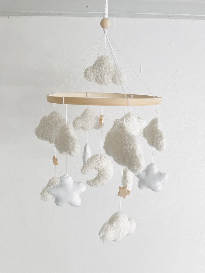 Baby Mobile Wolken Boucle/Teddystoff Ecru/Weiß Bild 9
