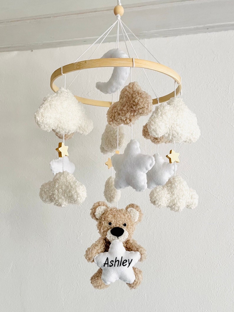 Personalisierte Baby Mobile Teddy Boucle/Teddystoff Ecru/Natur/Weiß Bild 7