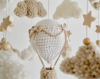 Baby Mobile Heißluftballon Wolken Boucle/Teddystoff Ecru/Natur/Weiß