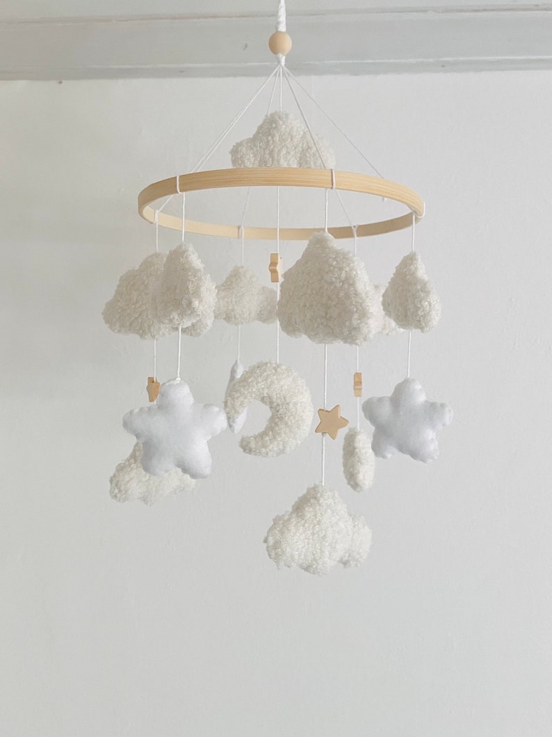 Baby Mobile Wolken Boucle/Teddystoff Ecru/Weiß Bild 8