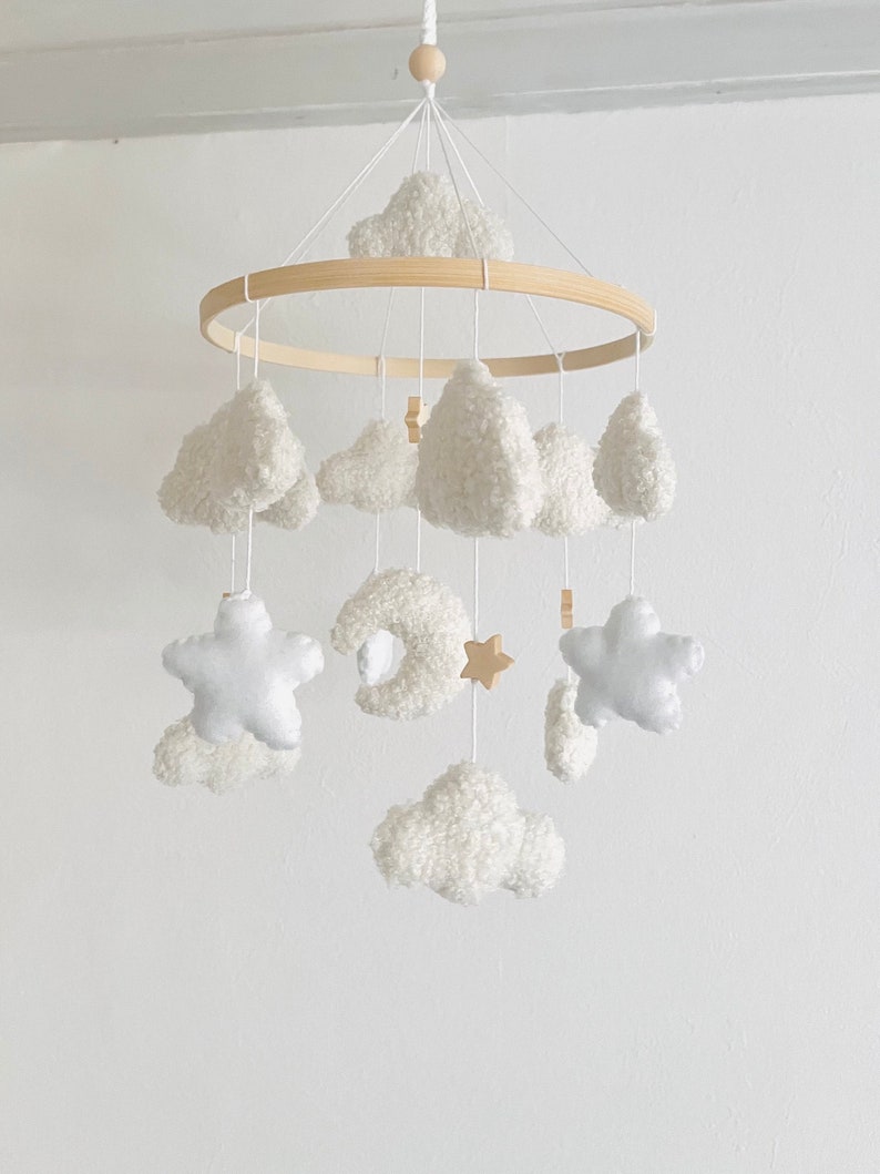 Baby Mobile Wolken Boucle/Teddystoff Ecru/Weiß Bild 6