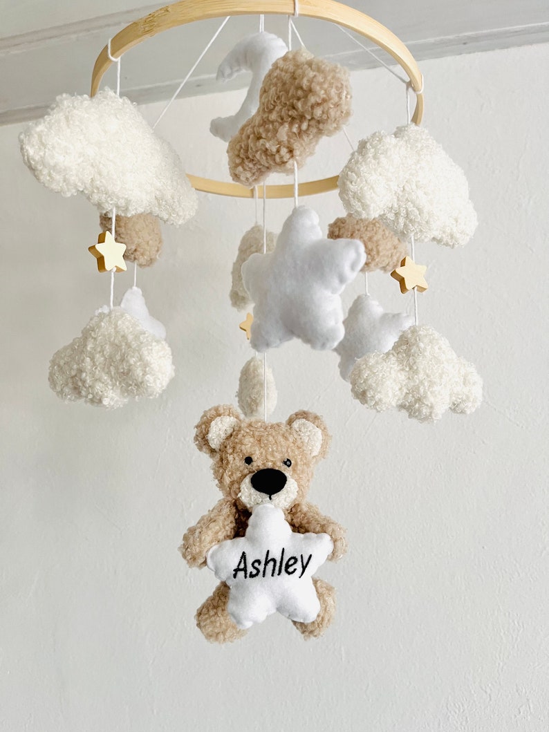 Personalisierte Baby Mobile Teddy Boucle/Teddystoff Ecru/Natur/Weiß Bild 2