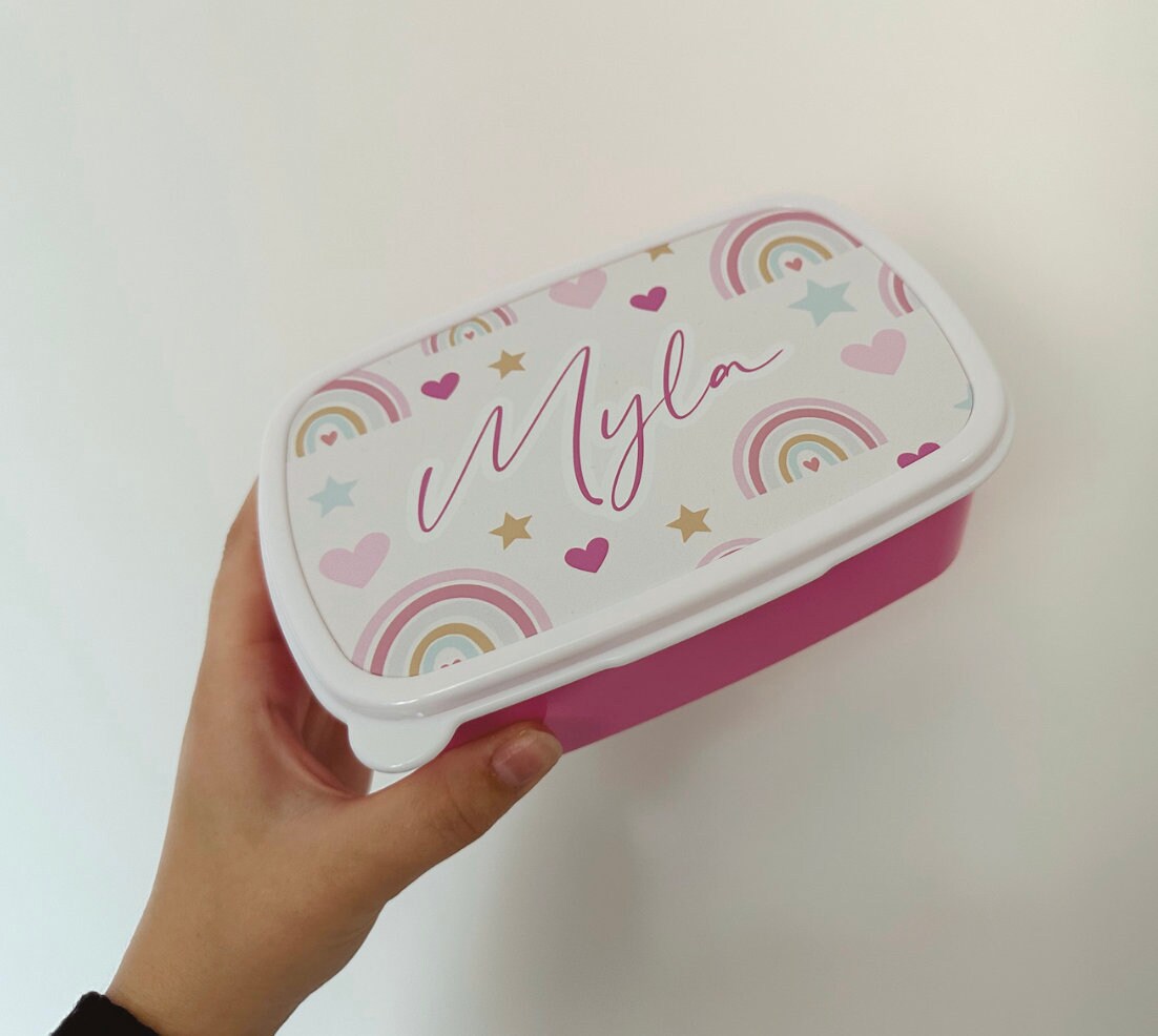 Personalised Girls GLITTER RAINBOW Lunch Box School CUTE Snack