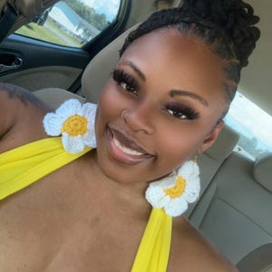 Crochet Daisy Statement Earrings – Handmade with Love | Lightweight Festival Jewelry | White & Yellow with Gold Hardware