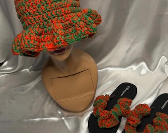Chunky Crochet Ruffle Hat and Flip Flop Set | Colorful Handmade Matching Set | Dopamine Dressing Accessories | Festival & Summer Fashion