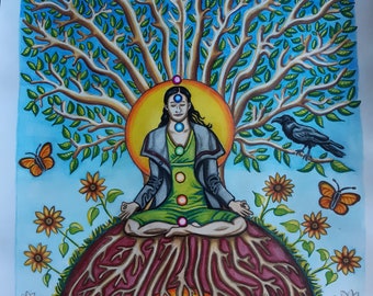 Kunstdruck A4, Baummeditation , Meditation Yoga Spiritualität Chakren Chakra Baum Natur Sonne