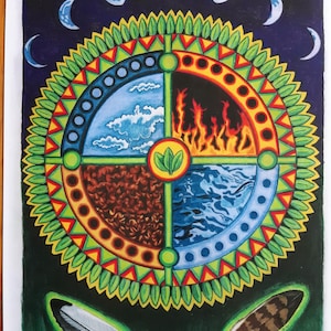 Peut inclure: Une mandala colorée avec quatre sections représentant les quatre éléments : terre, feu, eau et air. La mandala est entourée d’une bordure verte avec des feuilles et d’un fond noir avec des croissants de lune. Deux plumes se trouvent en bas de l’image.