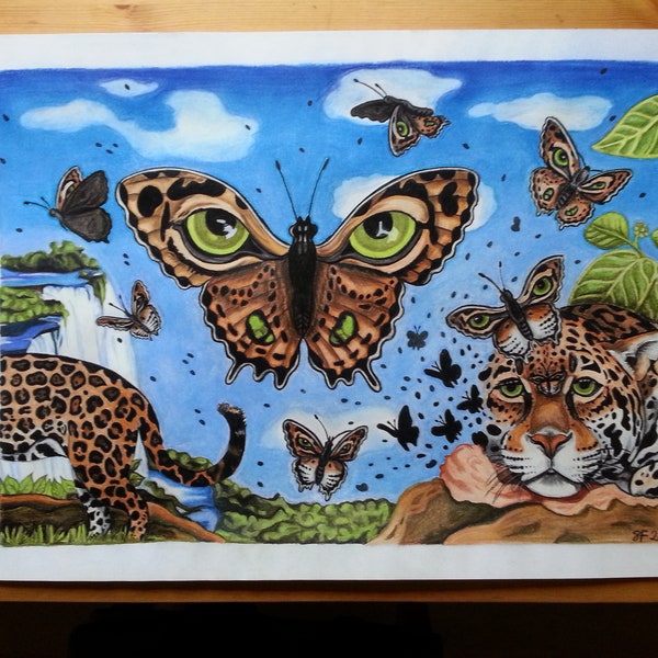 Kunstdruck A4, Die Geburt des Jaguarfalters, Jaguar Amazonas Regenwald Peru Schmetterling